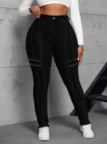 SHEIN SXY Plus Size High Waisted Stretchy Denim Skinny Jeans With Raw Hem Panels