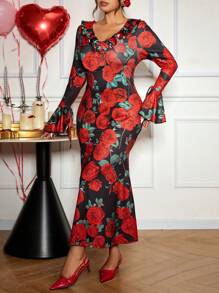 SHEIN Frenchy Plus Size Women's Clothing,Elegant Red Rose Ruffle Detail Long Gown,Black And Red,Autumn,Tea Party, Rose Flower Print Evening Dress For Events - Multicolor - View 7
