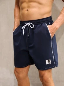 Manfinity Swimmode Pantalones cortos de playa para hombre con bloque de color, cordón ajustable y bolsillo parche