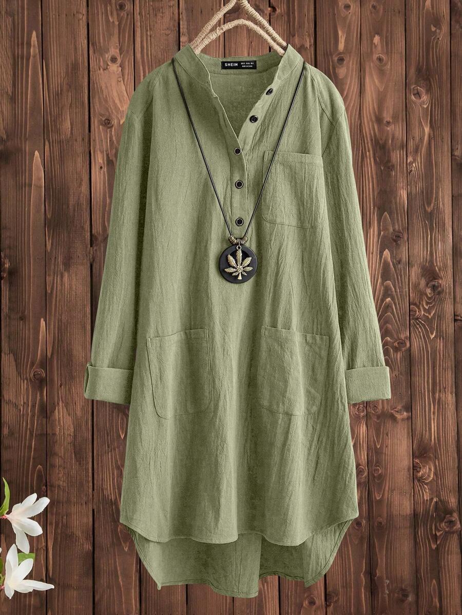 SHEIN Half Button High Low Longline Blouse Without Necklace Fall Cloth For Women