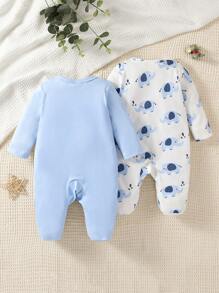 SHEIN Set de 2 piezas de mamelucos de dormir con pies y estampado de elefante azul y blanco de manga larga para recién nacidos
