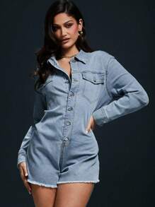 Denimoi Women Front Button Long Sleeve Pocket Casual Jumpsuit For Everyday Wear - Medium Wash - View 2