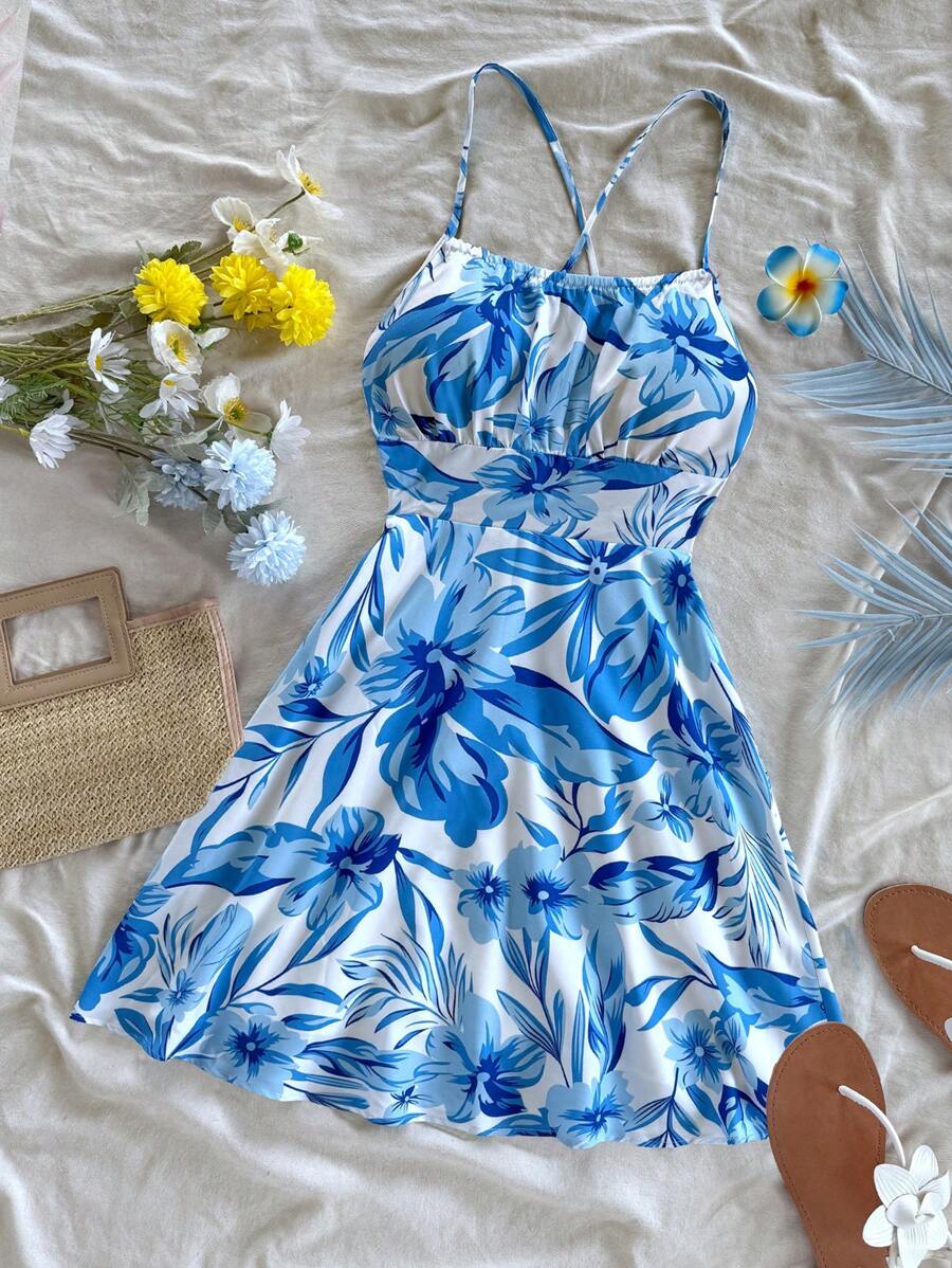 Soleia Vestido Slip Curto Estampado com Flores Azuis, Sem Costas, Verão e Primavera - Azul e Branco - Visão 1