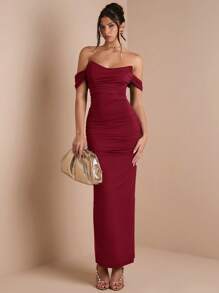 SHEIN BAE Autumn/Winter Solid Color Khaki, Coffee, Brown Tube Top Cross-Wrap Long Fitted Midi Dress With Sleeves, Suitable For Layering, Cocktail Party, Romantic Date, Formal Gathering, Bridesmaid, Halloween & Christmas