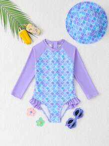 Traje de baño de una pieza con mangas largas con volantes y estampado de escamas de sirena para niñas, para playa de verano - Multicolor - Ver 6