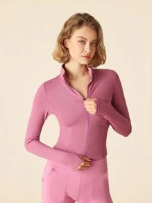 SHEIN Sports 女士运动夹克，纯色长袖拉链，合身