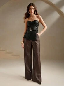 Anewsta Pantalones acampanados suaves y de alta calidad para mujer, pantalones largos de piel sintética de pierna ancha, diseño de pantalones de pierna ancha