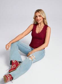 SHEIN LUNE 女士背心和吊带背心情人节蕾丝上衣抹胸情人节情人节 - 紅色 - 查看 3