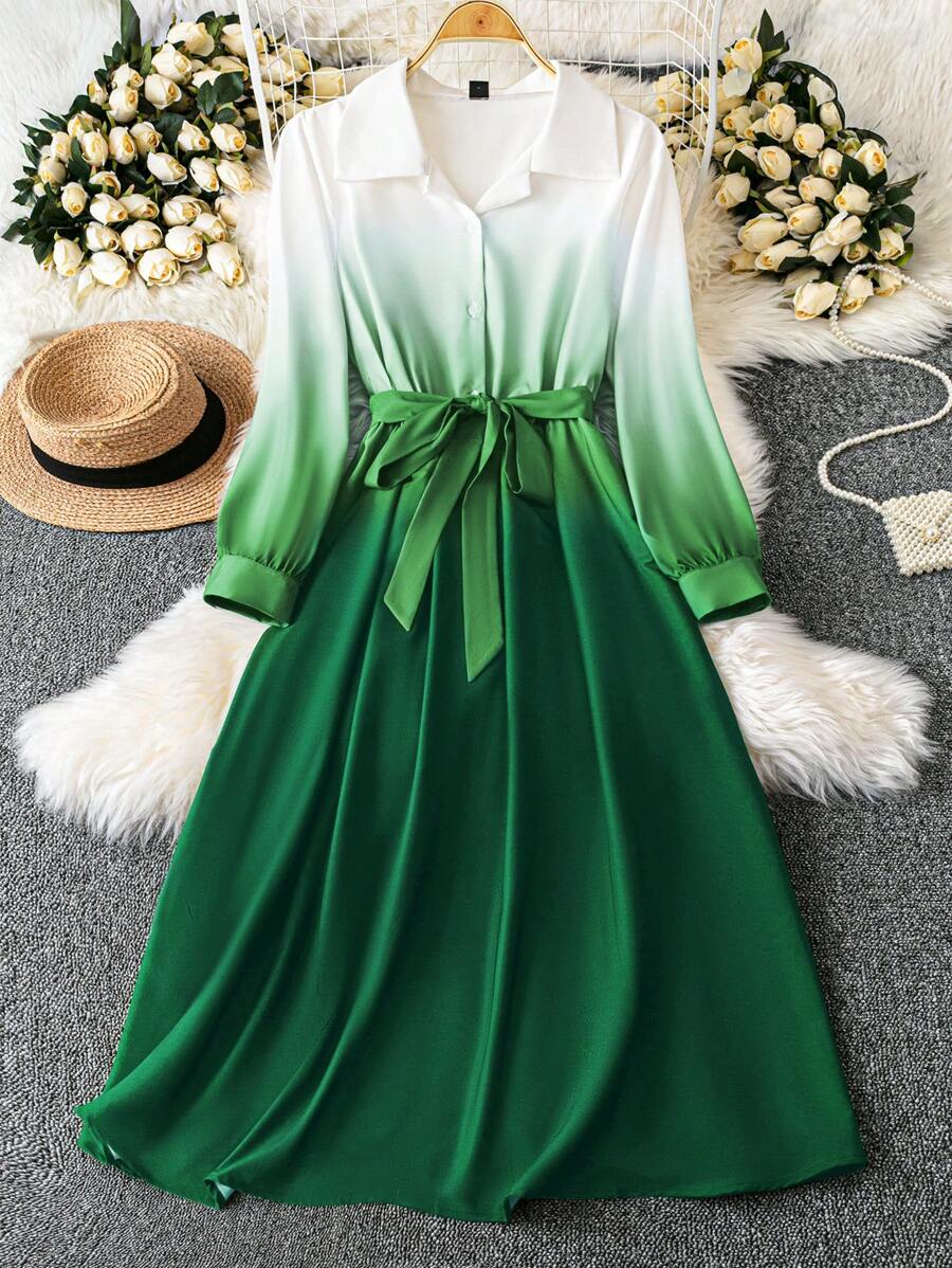 SHEIN LUNE Váy dệt tay dài màu ombre cỡ lớn, trang phục thu maxi cho nữ - Nhiều màu - Xem 1