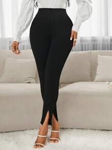 SHEIN Lady Pantalones elegantes de mujer de unicolor de corte delgado y bajo con dobladillo dividido, ideales para uso diario