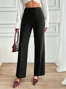 RueChic Women Solid Color Mid Waist Straight Pants