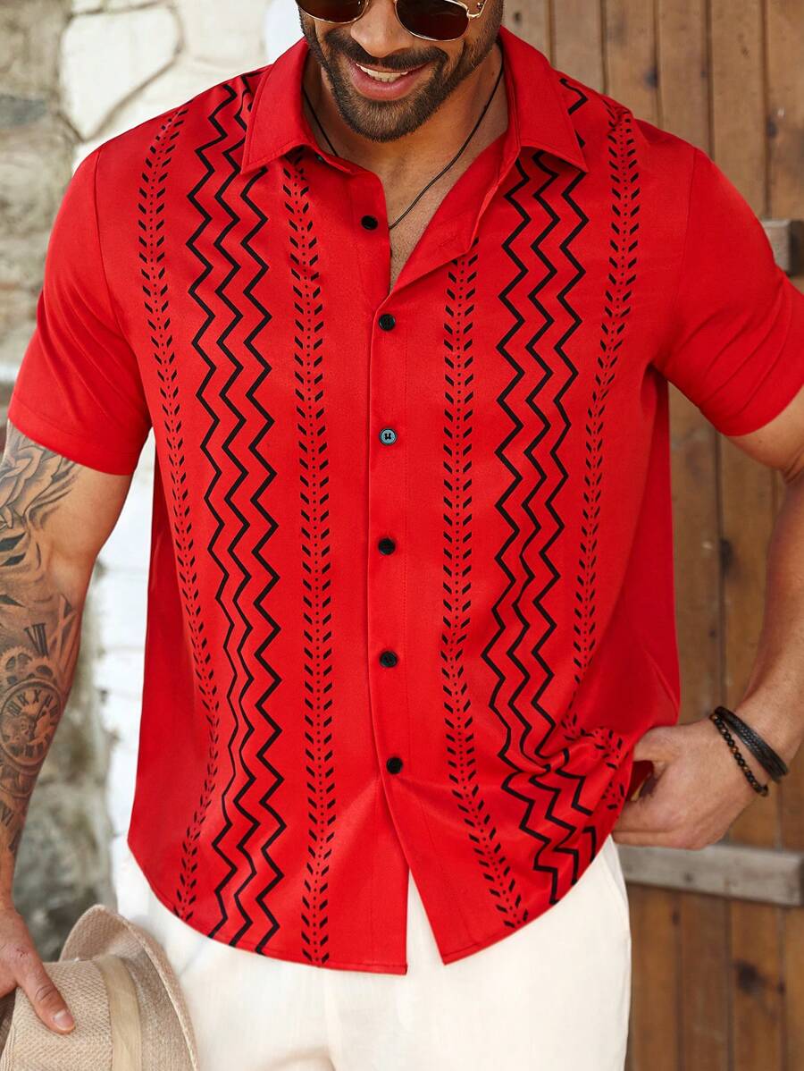 Manfinity Homme Áo sơ mi nam tay ngắn cài nút phía trước cỡ lớn, mặc hàng ngày - Đỏ - Xem 1