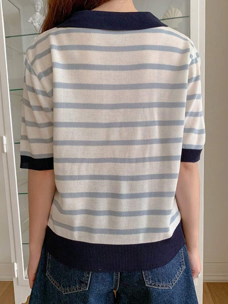 Women's Contrast Color Splice Collar Half Open Front Short Sleeve Striped Knit Top, Collegiate Stripe