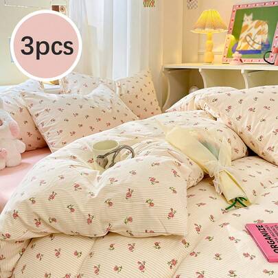 3 件套花卉柔软超细纤维羽绒被套装，舒适温暖，适合情人节、男孩和女孩、学校学生、宿舍、所有季节，单人床/全尺寸/大号床/特大号床