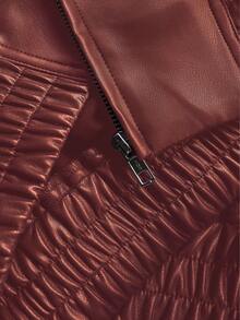 女士休闲红色拉链宽松 PU 夹克，秋冬 - 酒紅色 - 查看 5