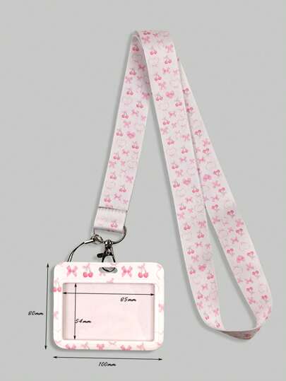 Kawaii 1 pieza Titular de tarjeta y cordón con lazo de color rosa cereza lindo