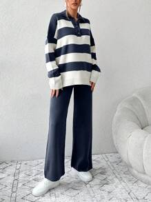 EURMUSE 2pcs Women Casual Striped Front Button Long Sleeve Top And Pants Set - Navy Blue - View 4