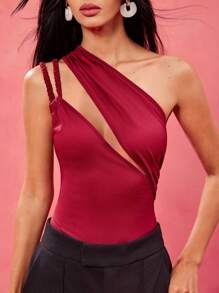 Iridescence Sculpted Designer Burgundy Asymmetric Neck Braided Strap Bodysuit, Festival, Summer,Beach For Women, Concert,Elegant,Vacation, Western Wear,Boho, Gyaru - Burgundy - View 6