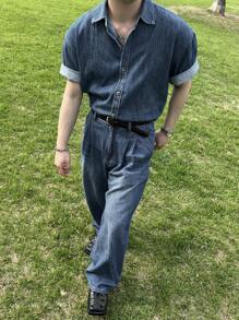 DAZY 夏季纯蓝色男士牛仔衬衫套装 - 藍色 - 查看 6