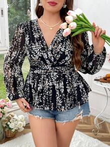 Flirla Cămașă cu decolteu în V, cu mâneci lungi, cu mâneci lungi, cu volante, cu talie