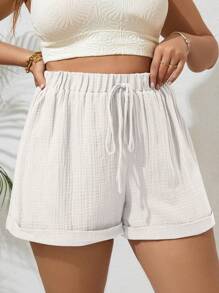 SHEIN VCAY Plus Tie Waist Roll Up Hem Summer Shorts - White - View 4