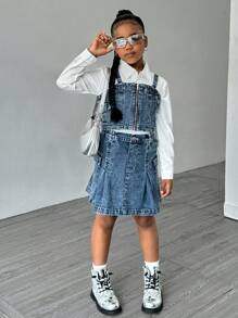SHEIN Set in denim da 3 pezzi per ragazze: camicia in chambray, vestito pinafore in denim, stile casual alla moda, abbigliamento quotidiano per ragazze