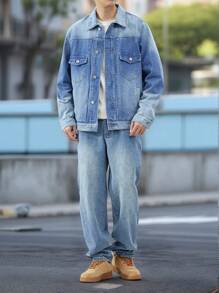 Claim Dot Men Button Front Long Sleeve Pocket Casual Top And Denim Pants Suit - Blue - View 1