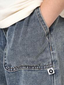 SUMWON 男女通用阔腿牛仔裤，撞色拼接，秋冬休闲街头风格，宽松木匠裤，高腰套脚溜冰时尚