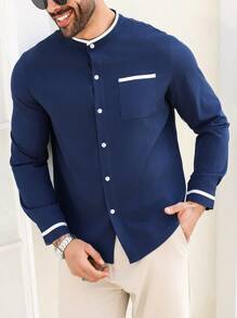 Manfinity Mode Plus Size Men's Solid Color Button-Up Pocket Long Sleeve Shirt - Blue - View 6