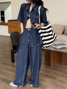 DAZY Women's Western Style Outfit: Contrast Stitch Short Sleeve Loose Blouse & Wide Leg Denim Pants Set,Back To School Clothes - Dark Wash - View 8