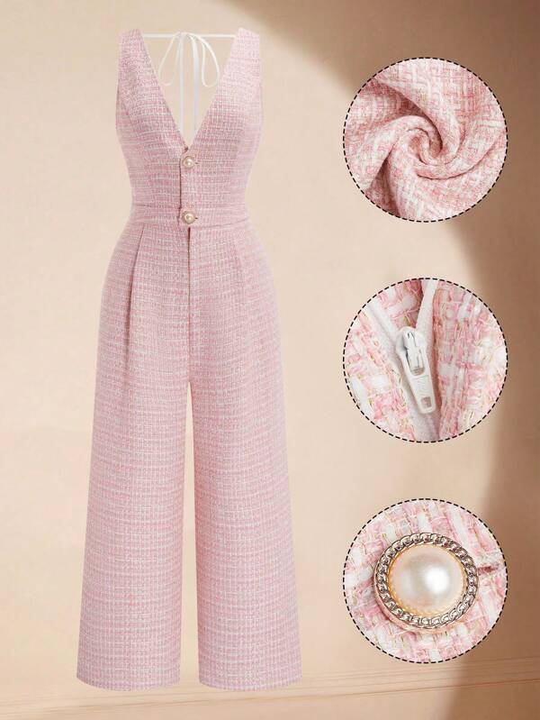 Sweetra Große Größen Damen Tweed Jumpsuit mit Knöpfen, elegant für Abendverabredung und Party