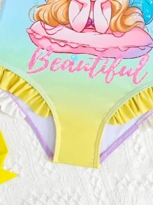 Young Girl Solid Color Patchwork Bow Decor Printed One-Piece Swimsuit - Mauve Purple - View 3