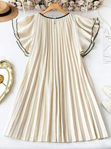 DreamSkyne Romantic Date  Plus Size Women Solid Round Neck Pearl Decor Knit Loose Party, Valentine's Day, Everyday Elegant Ruffle Hem Short Sleeve Dress, Spring/Summer