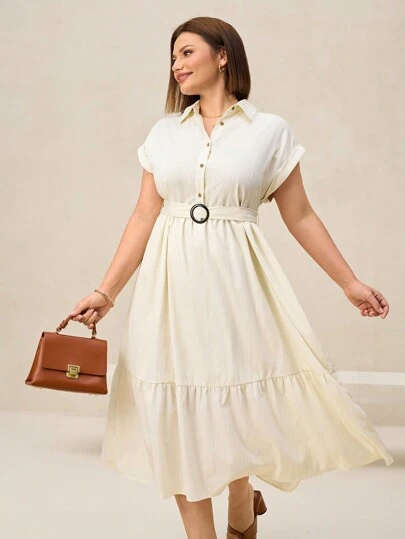 SHEIN Clasi 大码优雅纯色提花衬衫裙