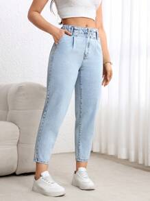 SHEIN Tall 女式休闲水洗锥形七分牛仔裤 - 淺色水洗藍 - 查看 5