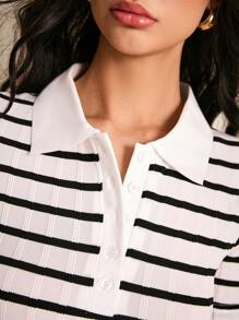 Poéselle Women's Front Button Short Sleeve Striped Casual Blouse, Daily Wear,Classic Black And White Striped Short Sleeve Polo Shirt,Fashionable Women's Black And White Striped Polo Shirt - Black and White - View 4