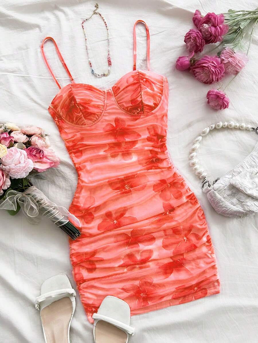 Soleia Women's Vacation Rose Pink Mesh Printed Ruched Camisole Mini Dress, Can Be Worn Internally Or Externally, Autumn Clothing - Coral Orange - View 1