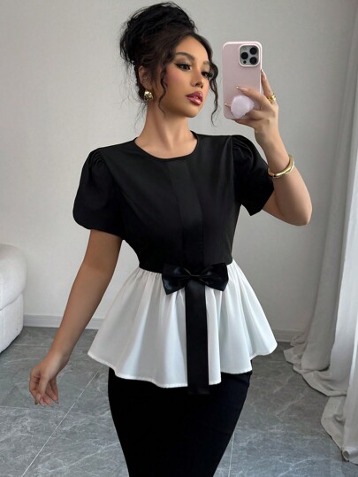 Elenzga Camisa versátil de oficina y tiempo libre 2 en 1 con cuello de solapa, mangas abullonadas, cintura fruncida y lazo de contraste en negro y blanco