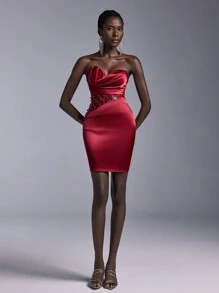 Elitara Elegant Angora Red Tube Novel Special-Shaped Shell Breast Shape, Pleated Waist And Luxurious Sequins Computer Beading, See-Through Tight-Fitting Buttocks, Wedding Guest Dress, Suitable For Dating, Vacation, Bachelor Party, Wedding, Valentine's Day Event Cocktail Dress