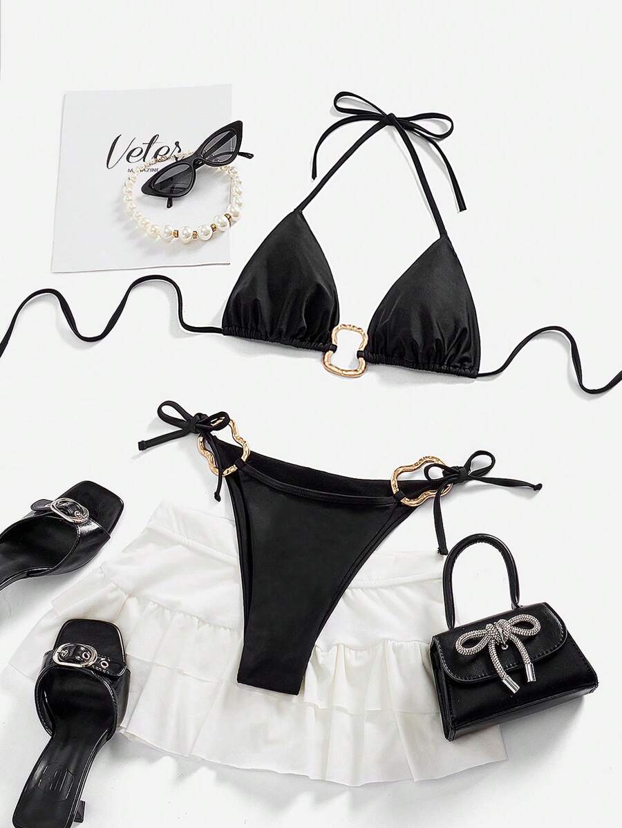 Swim Vcay Women Asymmetrical Metal Embellish Bikini Set Summer - Black - View 1