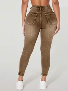 SHEIN PETITE Pantalones vaqueros casuales ajustados con bolsillo delantero y abotonados para mujer