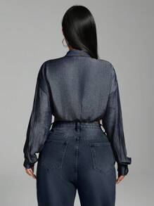 Zolique Women's Autumn Drop Shoulder Long Sleeve Single-Breasted Drawstring Hem Cropped Blouse - Navy Blue - View 2