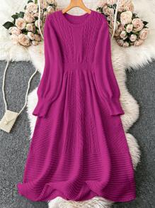 SHEIN Clasi 女士纯色圆领长袖休闲毛衣连衣裙 - 玫紅色 - 查看 1