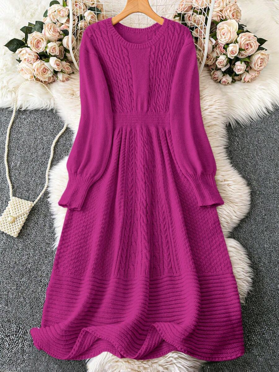 SHEIN Clasi 女士纯色圆领长袖休闲毛衣连衣裙 - 玫紅色 - 查看 1