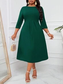 SHEIN Lady Vestido midi de línea A morado plisado elegante y cómodo para uso diario con cinturilla y mangas de longitud media para todas las estaciones, tallas grandes - Verde - Ver 4