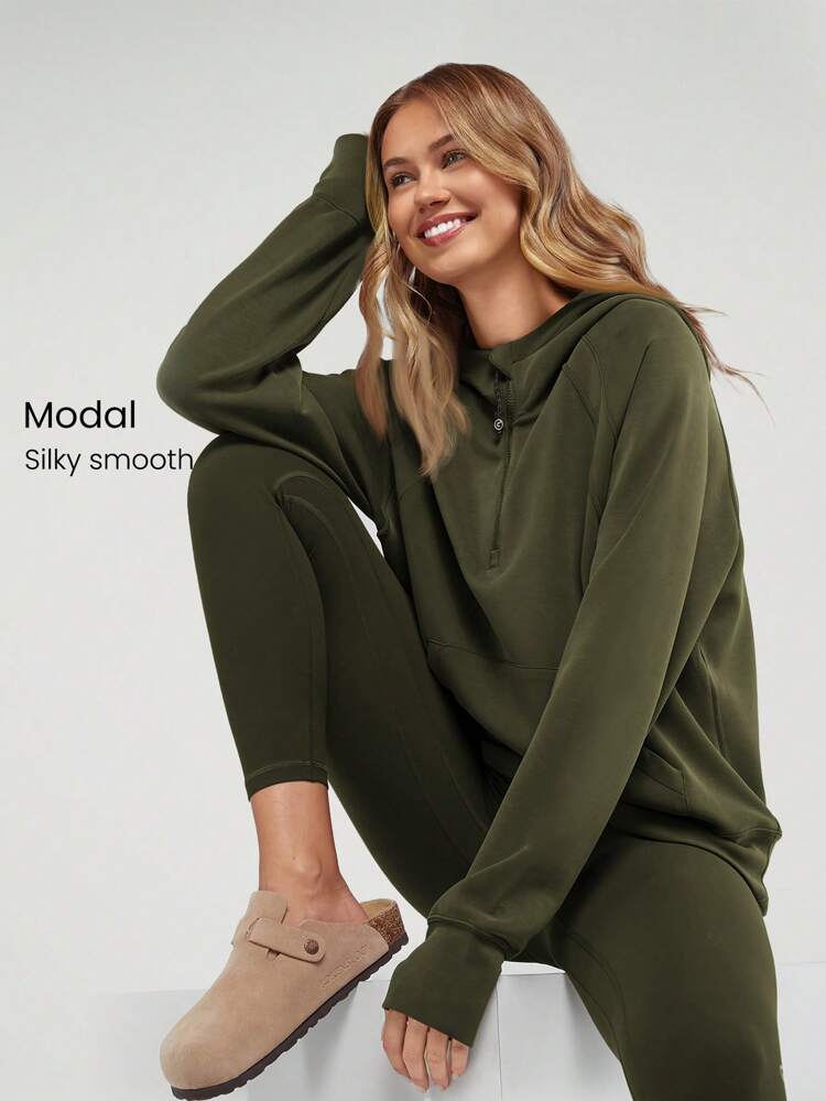 Modal Silk Touch Oversized Long Sleeve Half-Zip Hoodie  Spring Summer