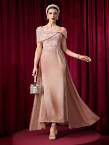 Modelyn Embroidered Jacquard Collar Patchwork Solid Color Fitted Waist And Flared Hem Ladies Dress - Pink - View 5