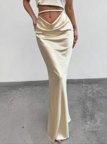 SHEIN Privé Nueva falda larga plisada de cintura de silueta de sirena con cuello en U color albaricoque, elegante y romántica para citas, primavera/verano