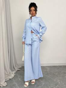 Elenzga 2 件套女士休闲条纹长袖衬衫和裤子套装 - 藍色 - 查看 4
