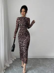 Elenzga 女士优雅豹纹网眼褶皱紧身连衣裙 - 彩色 - 查看 3